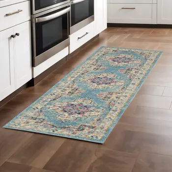 8' Blue And Ivory Southwestern Distressed Runner Rug