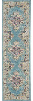 8' Blue And Ivory Southwestern Distressed Runner Rug