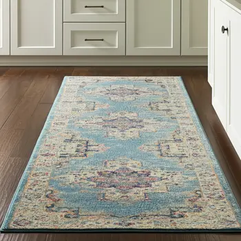8' Blue And Ivory Southwestern Distressed Runner Rug