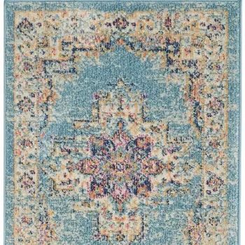 8' Blue And Ivory Southwestern Distressed Runner Rug