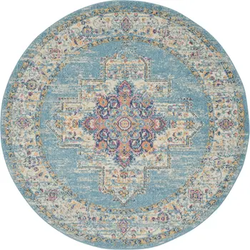 4' Blue And Ivory Southwestern Distressed Round Rug
