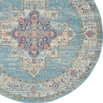 4' Blue And Ivory Southwestern Distressed Round Rug