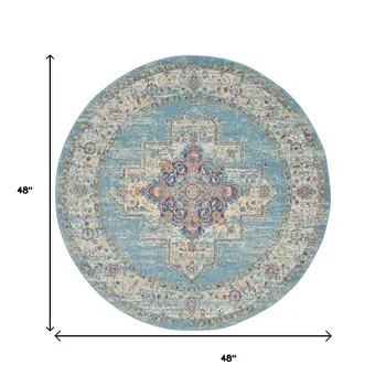 4' Blue And Ivory Southwestern Distressed Round Rug