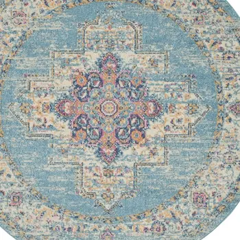 4' Blue And Ivory Southwestern Distressed Round Rug