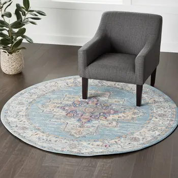 4' Blue And Ivory Southwestern Distressed Round Rug