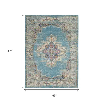 5' X 7' Blue And Ivory Southwestern Distressed Area Rug