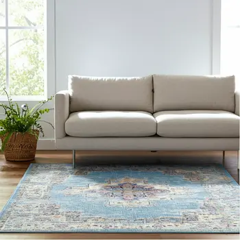 5' X 7' Blue And Ivory Southwestern Distressed Area Rug