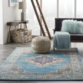 5' X 7' Blue And Ivory Southwestern Distressed Area Rug