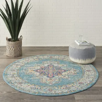 5' Blue And Ivory Southwestern Distressed Round Rug
