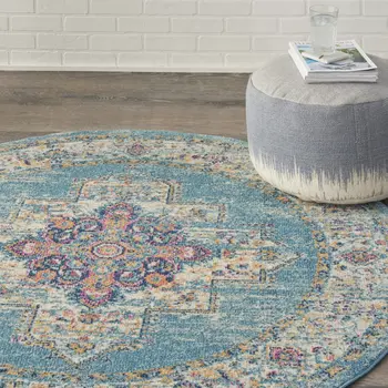 5' Blue And Ivory Southwestern Distressed Round Rug