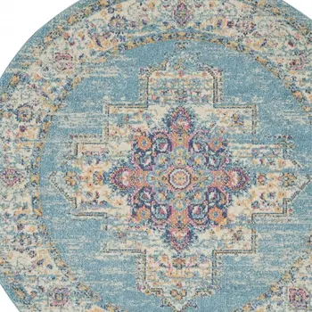 5' Blue And Ivory Southwestern Distressed Round Rug