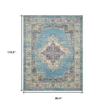 7' X 10' Blue And Ivory Medallion Distressed Area Rug