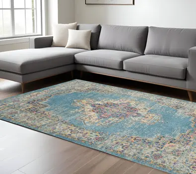 8' X 10' Blue And Ivory Southwestern Distressed Area Rug