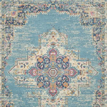 8' X 10' Blue And Ivory Southwestern Distressed Area Rug