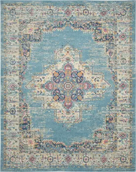 8' X 10' Blue And Ivory Southwestern Distressed Area Rug
