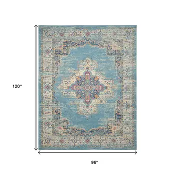 8' X 10' Blue And Ivory Southwestern Distressed Area Rug