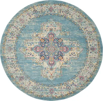 8' Blue And Ivory Southwestern Distressed Round Rug