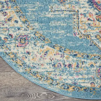 8' Blue And Ivory Southwestern Distressed Round Rug