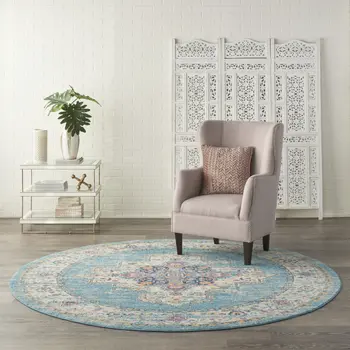 8' Blue And Ivory Southwestern Distressed Round Rug