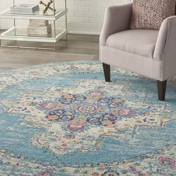 8' Blue And Ivory Southwestern Distressed Round Rug