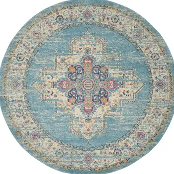 8' Blue And Ivory Southwestern Distressed Round Rug