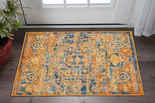 2' X 3' Teal And Gold Medallion Distressed Area Rug