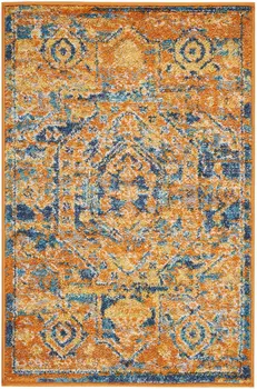 2' X 3' Teal And Gold Medallion Distressed Area Rug