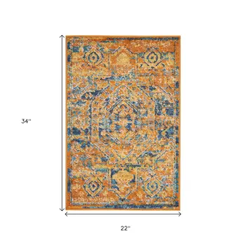 2' X 3' Teal And Gold Medallion Distressed Area Rug
