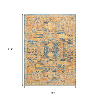 7' X 10' Teal And Gold Medallion Distressed Area Rug