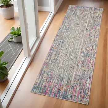 6' Ivory And Blue Abstract Runner Rug