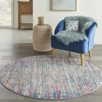 4' Ivory And Blue Abstract Round Rug