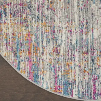 4' Ivory And Blue Abstract Round Rug