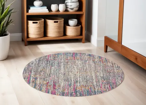 5' Ivory And Blue Abstract Round Rug