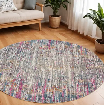 8' Ivory And Blue Abstract Round Rug