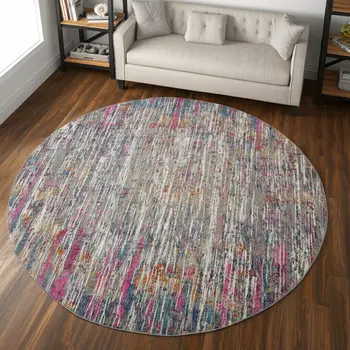 8' Ivory And Blue Abstract Round Rug