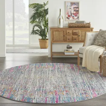 8' Ivory And Blue Abstract Round Rug