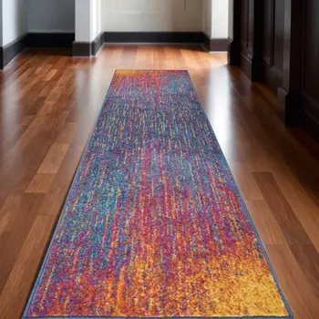 10' Blue And Orange Abstract Runner Rug