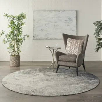8' Gray And Ivory Abstract Round Rug