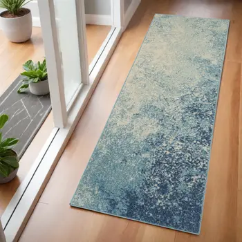 6' Blue And Ivory Abstract Runner Rug