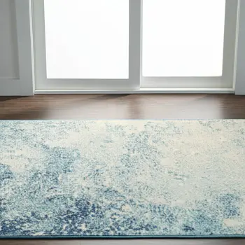 6' Blue And Ivory Abstract Runner Rug