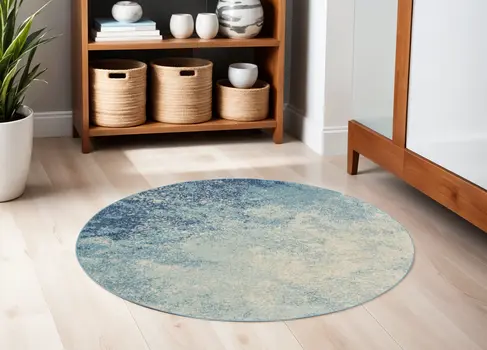 5' Blue And Ivory Abstract Round Rug
