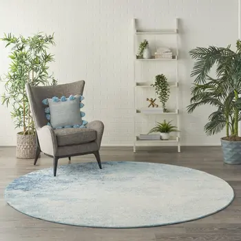 8' Blue And Ivory Abstract Round Rug
