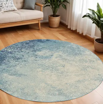 8' Blue And Ivory Abstract Round Rug