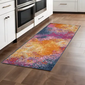 8' Blue And Orange Abstract Runner Rug