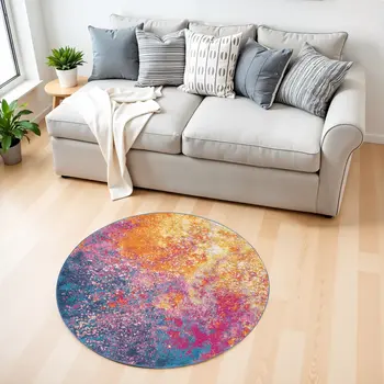 4' Blue And Orange Abstract Round Rug