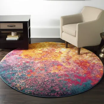 4' Blue And Orange Abstract Round Rug