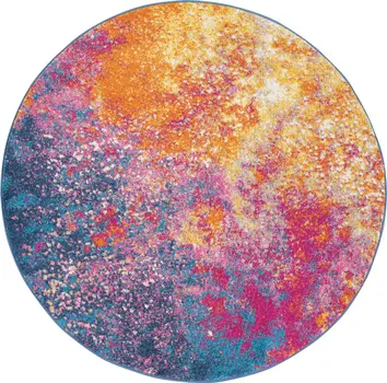 4' Blue And Orange Abstract Round Rug