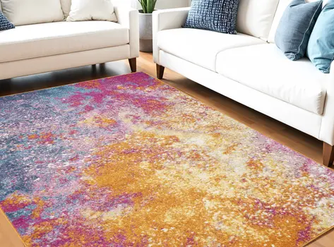 5' X 7' Blue And Orange Abstract Area Rug