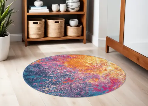 5' Blue And Orange Abstract Round Rug