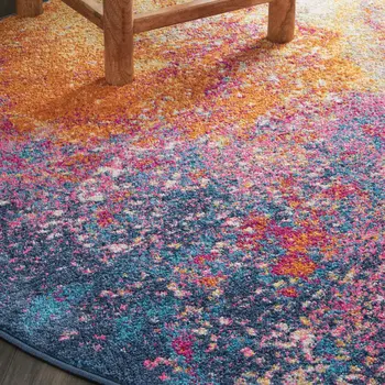 5' Blue And Orange Abstract Round Rug